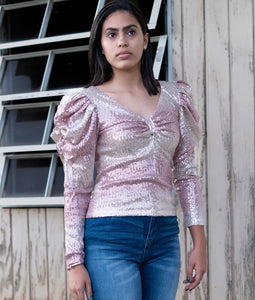 JJRose silver v neck 3/4 sleeves sequins top